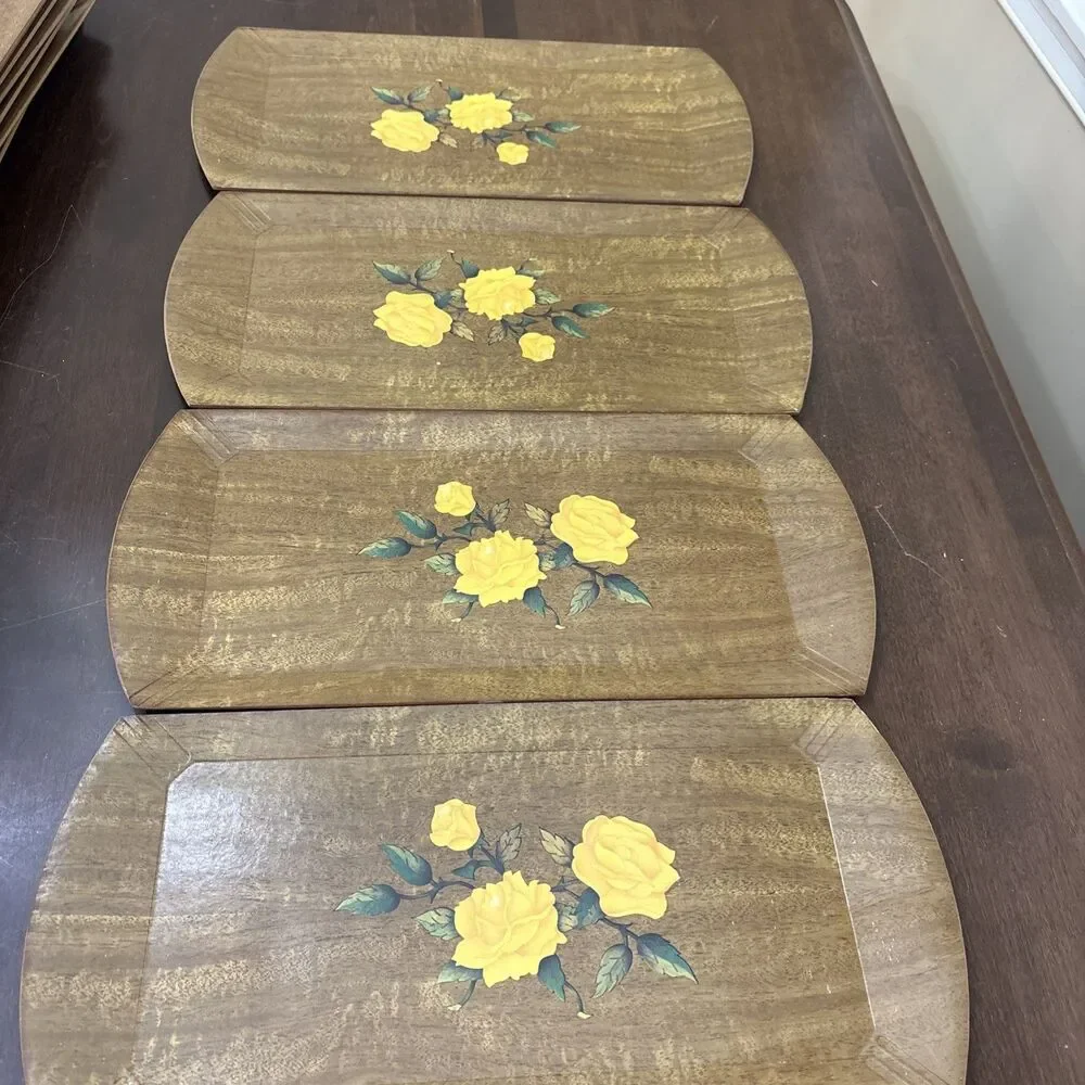 4 Vintage HASKELITE Lap TV Tray Mid Century Modern Buffet Serving Yellow Roses